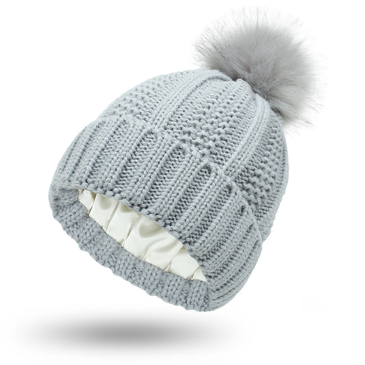 Women’s Winter Knitted Beanie Hat with Faux Fur Pom Pom & Satin Lining