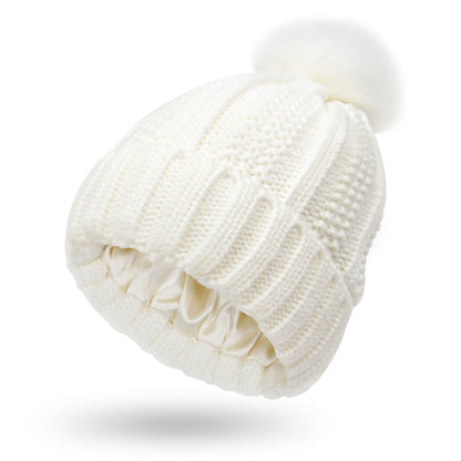 Women’s Winter Knitted Beanie Hat with Faux Fur Pom Pom & Satin Lining
