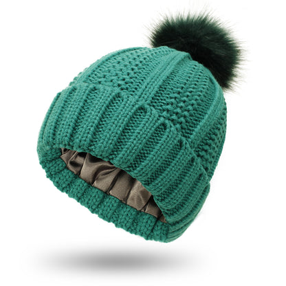 Women’s Winter Knitted Beanie Hat with Faux Fur Pom Pom & Satin Lining