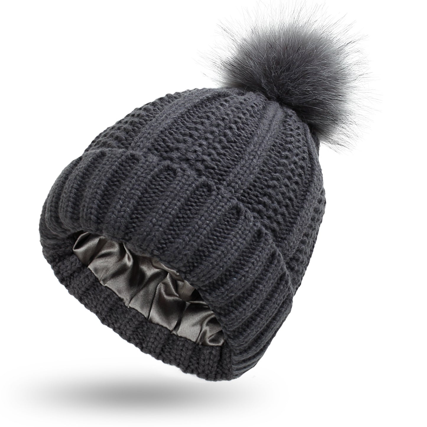 Women’s Winter Knitted Beanie Hat with Faux Fur Pom Pom & Satin Lining