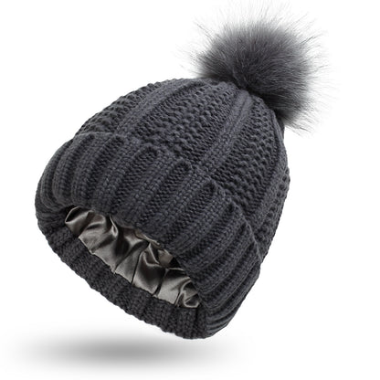 Women’s Winter Knitted Beanie Hat with Faux Fur Pom Pom & Satin Lining