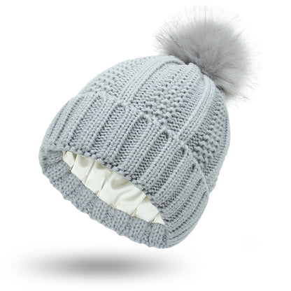 Women’s Winter Knitted Beanie Hat with Faux Fur Pom Pom & Satin Lining