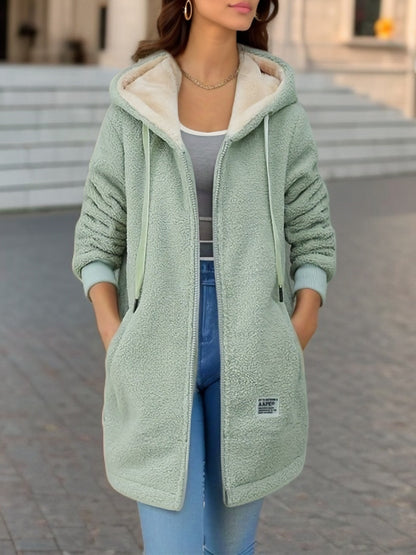 Winter Fleece Hooded Jacket Fashion Casual Zip-up Pockets Long Sweater