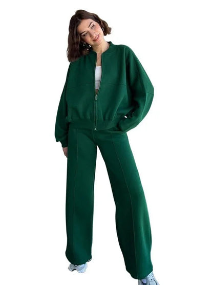 Women's Sports Suits Zipper Jacket And Wide Leg Pants Two-piece Set