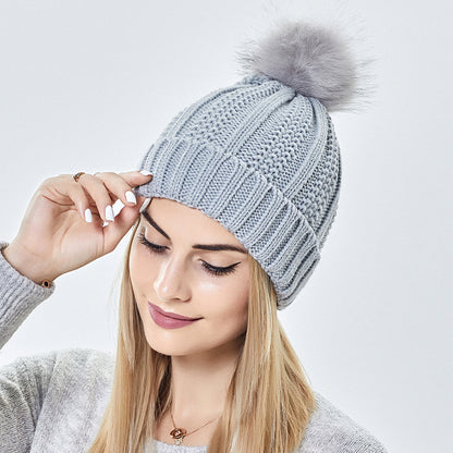 Women’s Winter Knitted Beanie Hat with Faux Fur Pom Pom & Satin Lining
