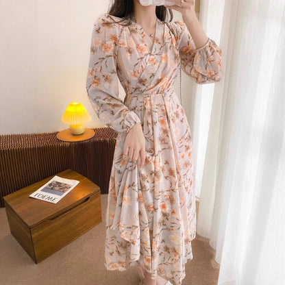 Temperament Long Sleeve V-neck French Chiffon Floral Dress - The Velcrow