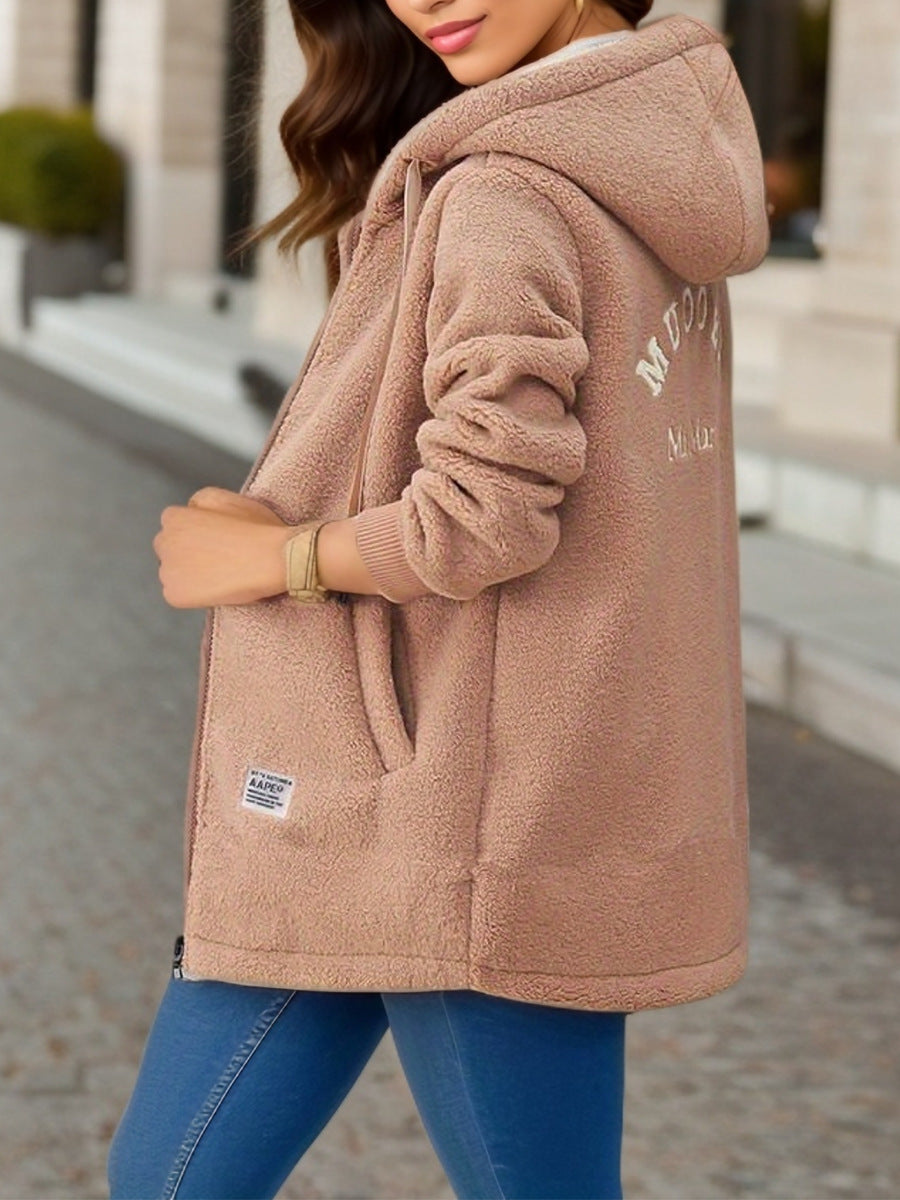 Winter Fleece Hooded Jacket Fashion Casual Zip-up Pockets Long Sweater
