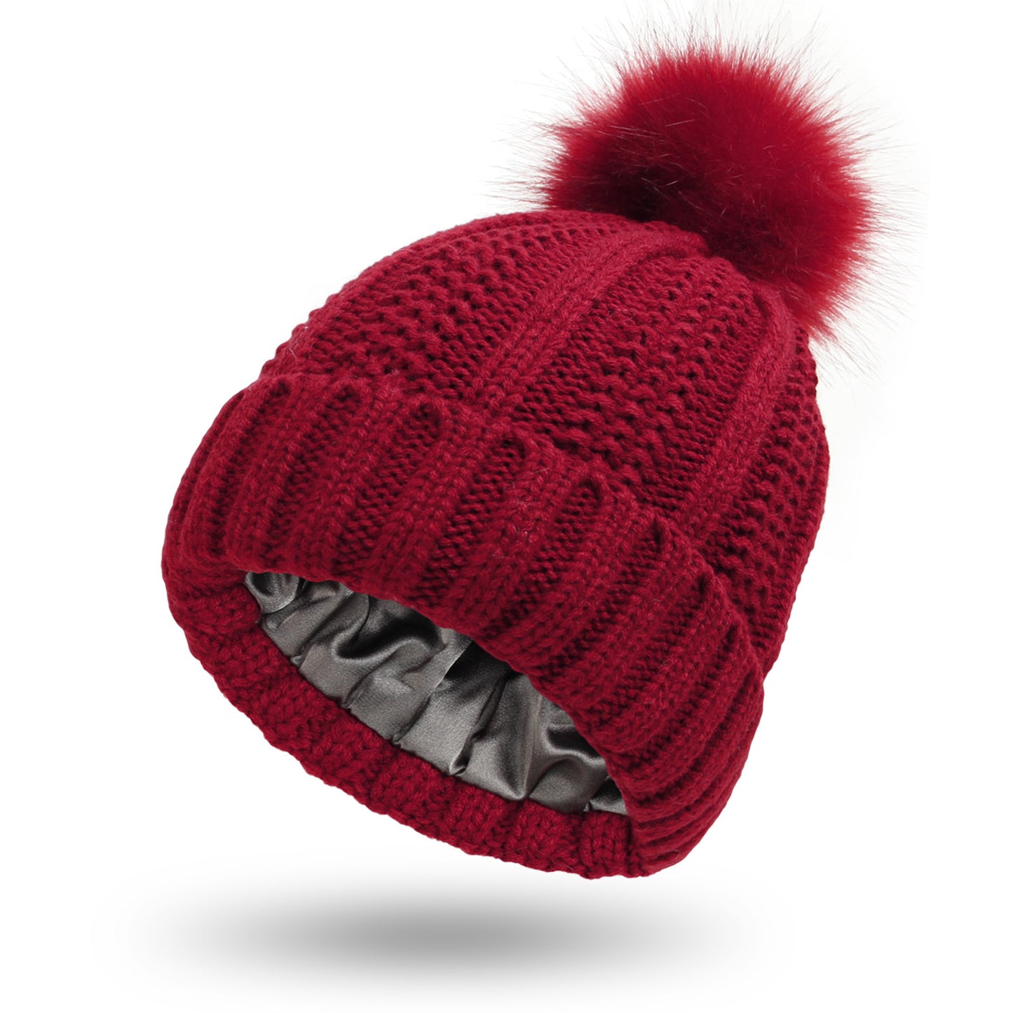 Women’s Winter Knitted Beanie Hat with Faux Fur Pom Pom & Satin Lining