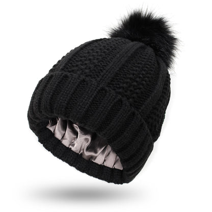 Women’s Winter Knitted Beanie Hat with Faux Fur Pom Pom & Satin Lining