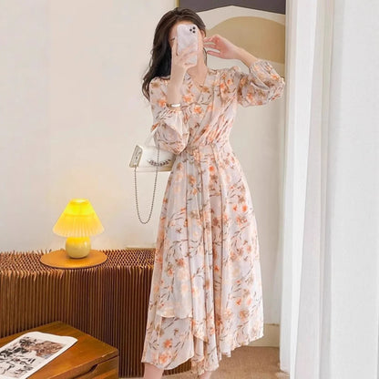 Temperament Long Sleeve V-neck French Chiffon Floral Dress - The Velcrow