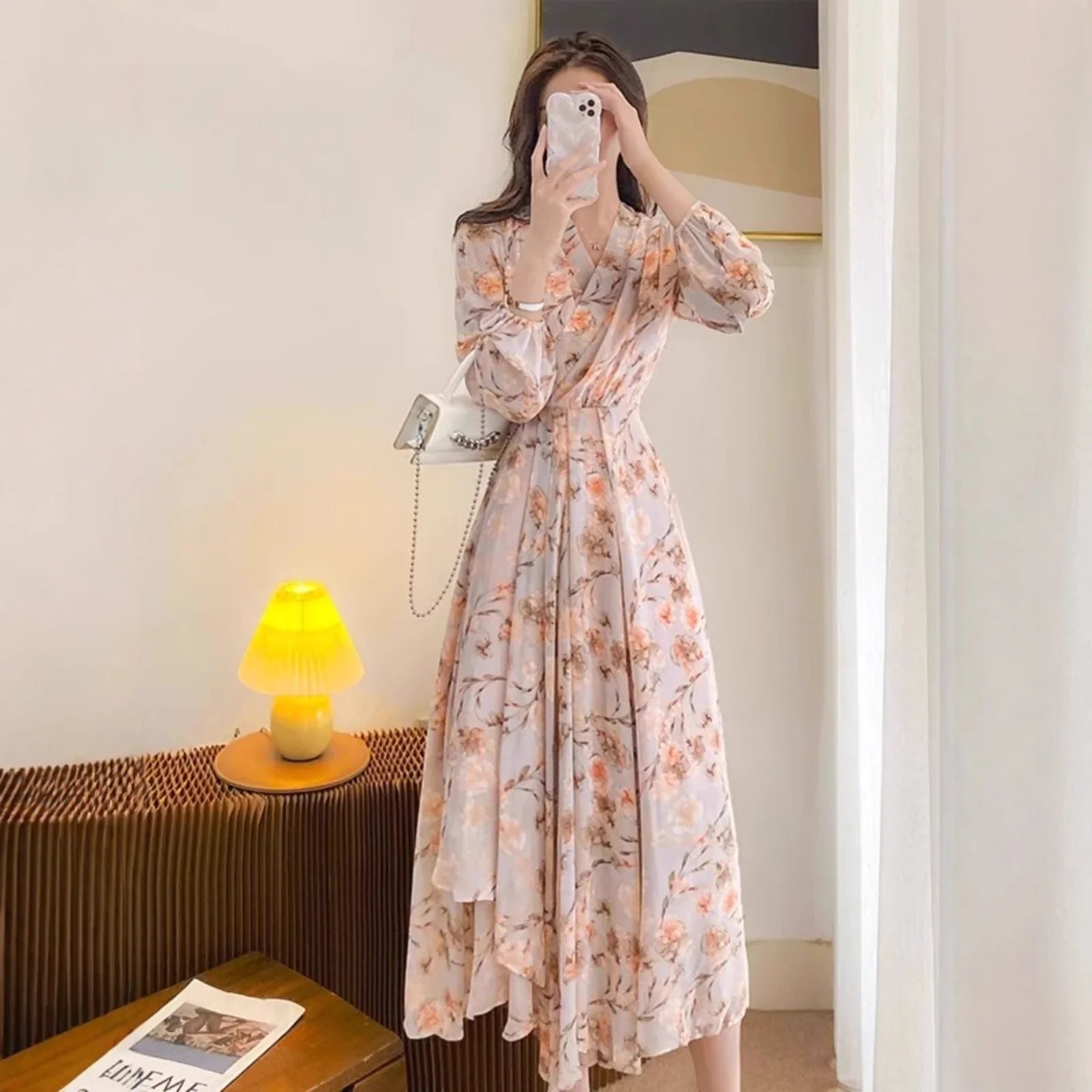 Temperament Long Sleeve V-neck French Chiffon Floral Dress - The Velcrow