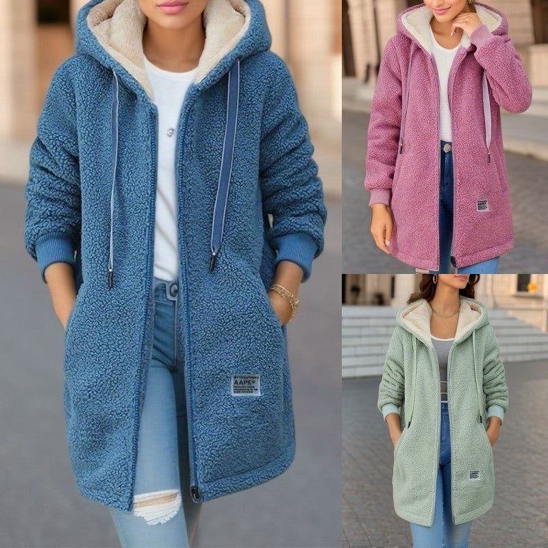 Winter Fleece Hooded Jacket Fashion Casual Zip-up Pockets Long Sweater