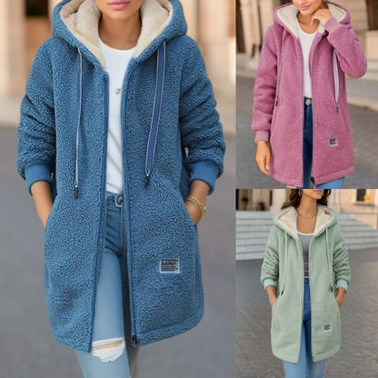 Winter Fleece Hooded Jacket Fashion Casual Zip-up Pockets Long Sweater